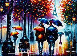 Ludzie, Parasol, Deszcz, Ulica, Paryż, Grafika