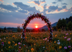 Łuk, Kwiaty, Łąka, Zachód słońca