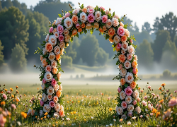 Kwiaty, Łuk, Kolorowe, Róże, Łąka, Mgła, Drzewa