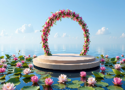 Podium, Morze, Kwiaty, Kwiatowy, Łuk, Lilie wodne, Al