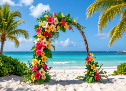 Morze, Plaża, Palmy, Łuk, Kwiaty