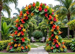 Ogród, Kwiatowy, Łuk, Żółte, Czerwone, Kwiaty, Rośliny, Krzesła, Palmy