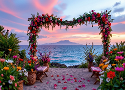 Kolorowe, Kwiaty, Krzesła, Wazony, Dekoracyjna, Brama, Plaża, Morze, Góra, Kolorowe, Niebo