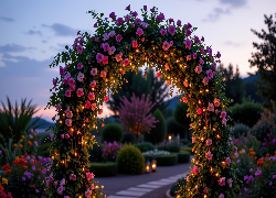 Ogród, Łuk, Kwiatowy, Rośliny, Lampiony, Alejka, Różowe, Kwiaty