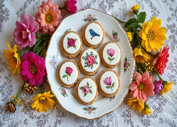 Udekorowane, Ciastka, Talerz, Kolorowe, Kwiaty, Obrus