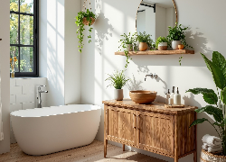 Łazienka, Wanna, Umywalka, Szafka, Kwiaty, Półka, Okno, Lustro