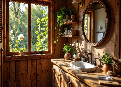 Łazienka, Umywalka, Szafka, Lustro, Okno, Kwiaty, Półki