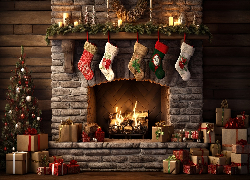 Boże Narodzenie, Kominek, Prezenty, Choinka, Grafika AI