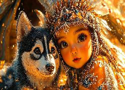 Dziewczynka, Pióropusz, Pies, Szczeniak, Grafika AI