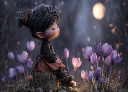 Elfka, Pień, Krokusy, Noc, Grafika AI, Fantasy