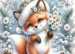 Śnieg, Kwiaty, Stokrotki, Mały, Lis, Czapka, Uśmiech, Szyszki, Gałązki, Grafika AI