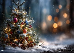 Boże Narodzenie, Choinka, Bombki, Śnieg, Grafika AI