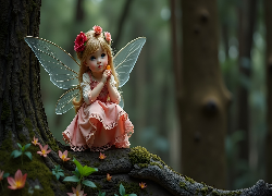 Lalka, Mała, Wróżka, Skrzydła, Drzewo, Grafika AI