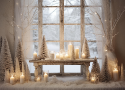 Boże Narodzenie, Okno, Światełka, Ława, Świąteczne, Zapalone, Świeczki, Choinki