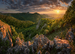 Słowacja, Góry, Małe Karpaty, Skały, Wschód słońca, Lasy