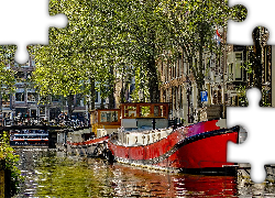 Statki, Kanał, Amsterdam, Holandia