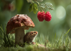 Myszoskoczek, Grzyb, Maliny, Grafika AI