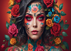 Makijaż, Twarz, Dziewczyny, Kwiaty, Róże, Kolorowe, Tatuaż, Grafika