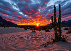 Pustynia, Kaktusy, Zachód słońca, Grafika AI