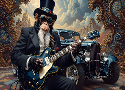 Małpa, Gitara, Samochód zabytkowy, Cylinder, Okulary, Grafika