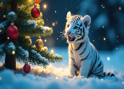 Młody, Tygrys, Zima, Śnieg, Choinka, Bombki, Grafika AI
