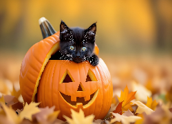 Jesień, Halloween, Czarny, Mały, Kot, Dynia, Liście, Grafika AI