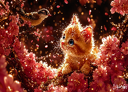 Grafika, Mały, Kot, Ptak, Kwiaty