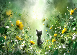 Mały, Kot, Łąka, Kwiaty, Grafika AI