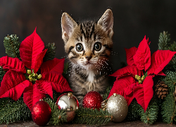 Kot, Mały, Kotek, Kwiaty, Gwiazda betlejemska, Bombki