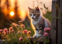 Kotek, Kot, Kwiaty, Ogrodzenie