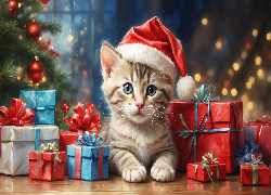 Boże Narodzenie, Kotek, Prezenty, Choinka, 2D