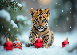 Mały, Lampart, Śnieg, Gałązki, Czerwone, Bombki, AI