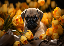 Pies, Szczeniak, Mops, Pyszczek, Kwiaty, Żółte, Tulipany