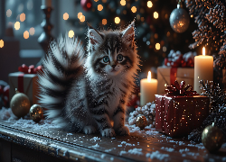 Kot, Prezent, Świece, Choinka, Grafika AI