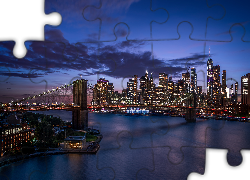 Brooklyn Bridge, Most Brookliński, Wieżowce, Świt, Cieśnina East River, Nowy Jork, Manhattan, Stany Zjednoczone
