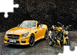 Żółty, Mercedes-Benz AMG R172 Wersja SLK 55, Motocykl Ducati Streetfighter 848