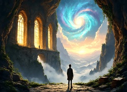 Góry, Skały, Zabytkowa, Budowla, Mgła, Mężczyzna, Rośliny, Fantasy