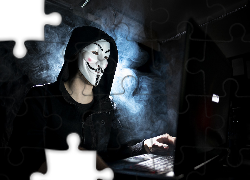 Mężczyzna, Anonymous, Maska, Laptop, Światło