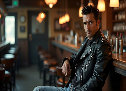 Mężczyzna, Skórzana, Kurtka, Bar