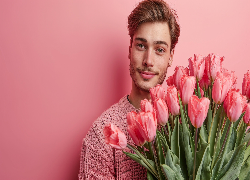Mężczyzna, Kwiaty, Bukiet, Różowe, Tulipany