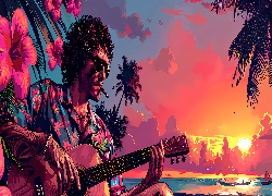 Mężczyzna, Gitara, Morze, Zachód słońca, Grafika AI