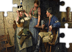 Obraz, Malarstwo, Hugo Wilhelm Kauffmann, Dwie, Kobiety, Mężczyzna, Kuchnia, Stół