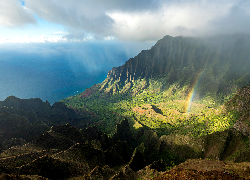 Hawaje, Wyspa Kauai, Góry, Morze, Tęcza, Słoneczny, Blask