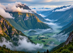 Góry, Chmury, Opadająca, Mgła, Dolina, Domy, Drzewa