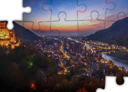 Miasto, Heidelberg, Zachód słońca, Rzeka Neckar, Zamek, Drzewa, Badenia-Wirtembergia, Niemcy