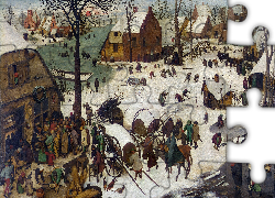 Malarstwo, Obraz, Pieter Bruegel Starszy, Miasteczko, Kościół, Domy, Ludzie, Jezioro, Zima