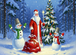 Boże Narodzenie, Mikołaj, Dwa, Bałwanki, Worek, Udekorowana, Choinka, Las, Śnieg, Zima