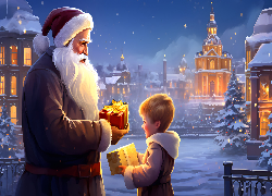 Mikołaj, Prezenty, Dziecko, Miasto, Światła, Zima, Śnieg