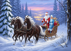 Grafika, Zima, Zaprzęg, Konie, Sanie, Mikołaj, Śnieżynka, Drzewa, Ośnieżone