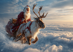 Renifer, Święty, Mikołaj, Sanie, Chmury, Grafika AI